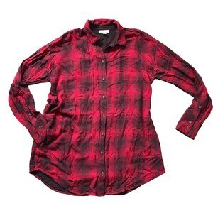 J. Jill Plaid Button Up Tunic Top Women's Small TALL Red Black Rayon Pockets‎